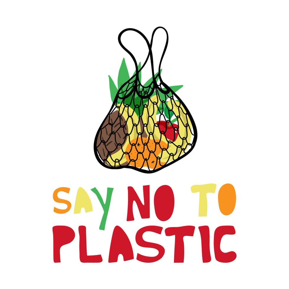 Doodle-style fruit bag grid, hand-drawn. Ecology. Mesh bag with oranges, apples, pineapple and bananas. Reusable bag. No plastic bag. Vector simple illustration