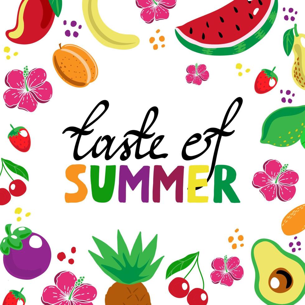 Summer frame, banner with exotic fruits and leaves, summer vector illustration in cartoon style. Watermelon, mango, banana, strawberry and cherry. Bright summer background