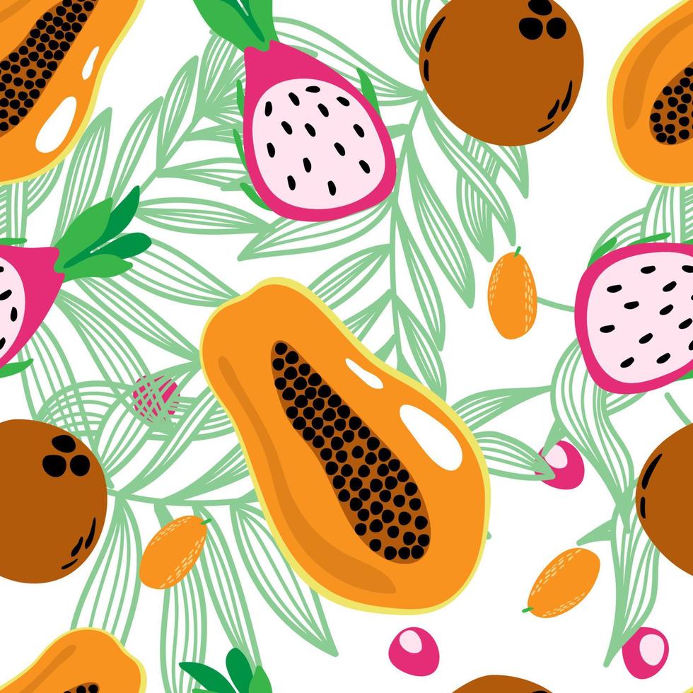Seamless pattern of exotic fruits and leaves, summer vector illustration in cartoon style. Pitaia, coconut and papaya. Bright summer pattern