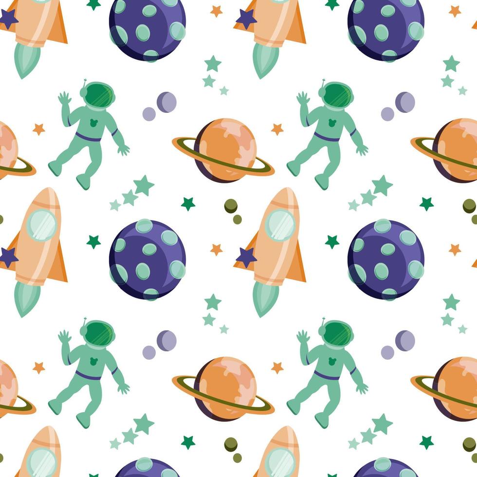 A seamless pattern of space elements drawn in a flat style. Astronaut, rockets and planets. Space. Stars. Flight. Suitable for children's textiles and packaging vector