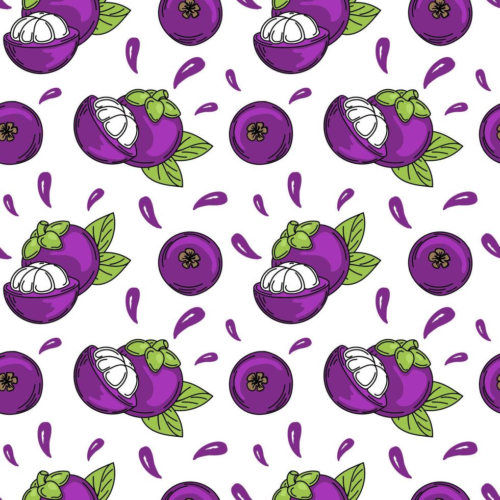 A seamless pattern of colorful mangosteen fruit, pulp, and leaves, hand-drawn sketches with doodle elements. Exotic Fruit. Thailand. Vector illustration