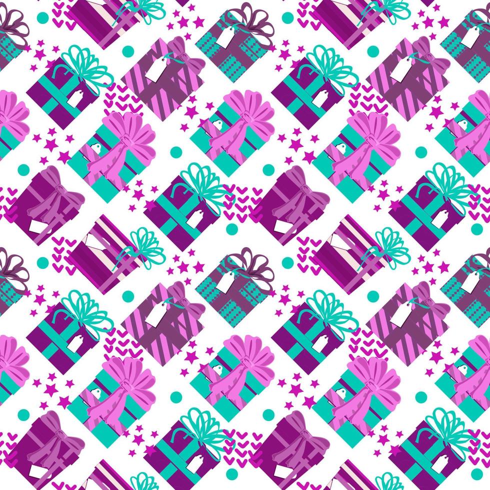 Seamless holiday gift box pattern with different prints and bows. Christmas, birthday, holiday. In fashionable bright colors vector