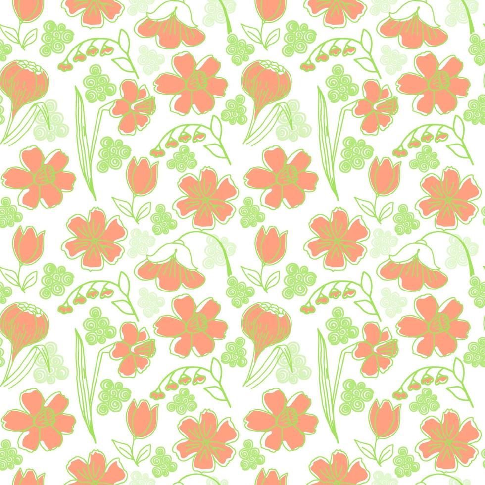 Seamless pattern of different kinds of spring flowers, hand-drawn doodles in sketch style. Spring. Tulips, daffodils and bellflowers. Silhouettes of flowers on a white background vector