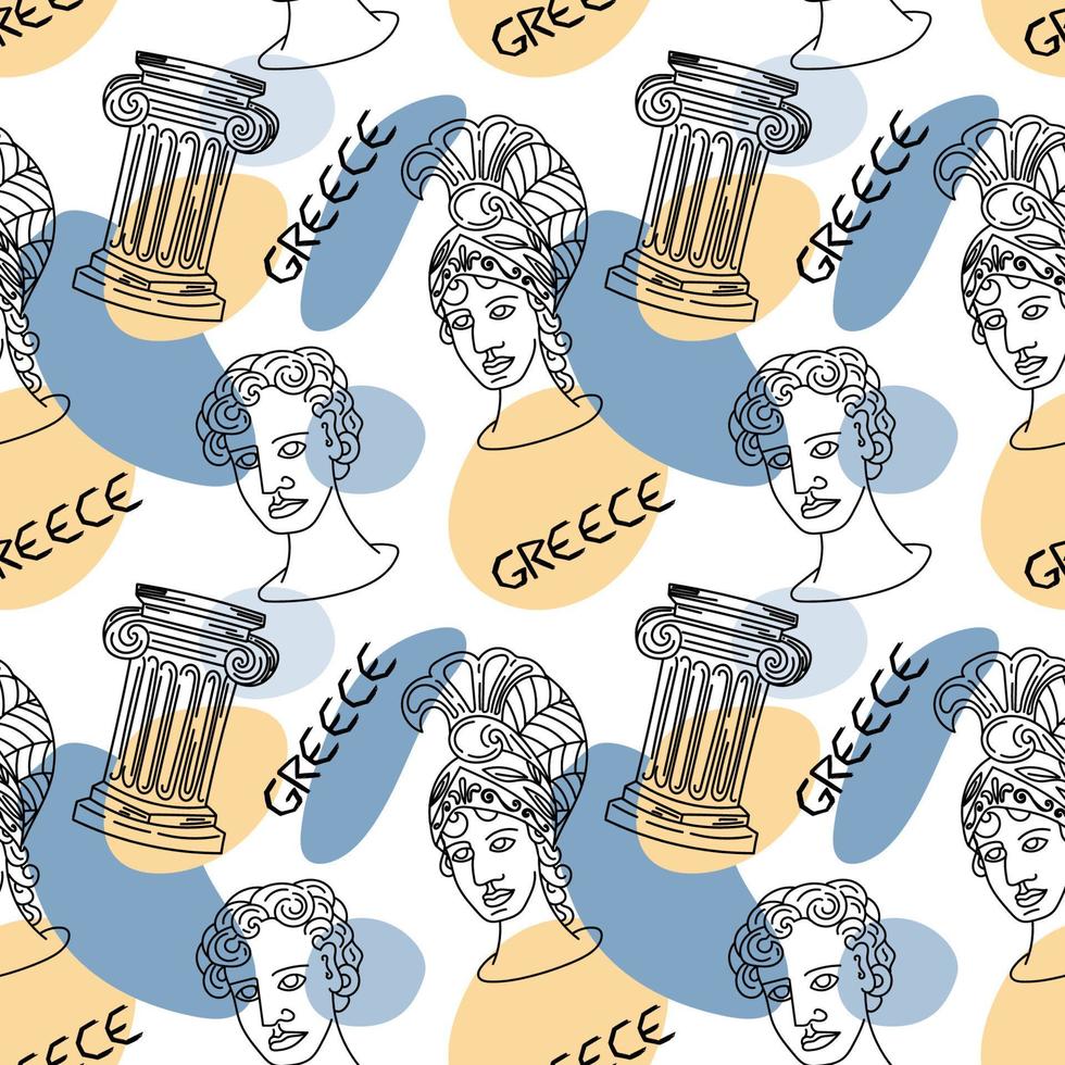 A demonic pattern of ancient Greek goddesses' heads, drawn in doodle style. Athena. Handwritten inscription of Greece. Ancient Greece and Rome, tradition and culture. Linear trend of ancient surface vector