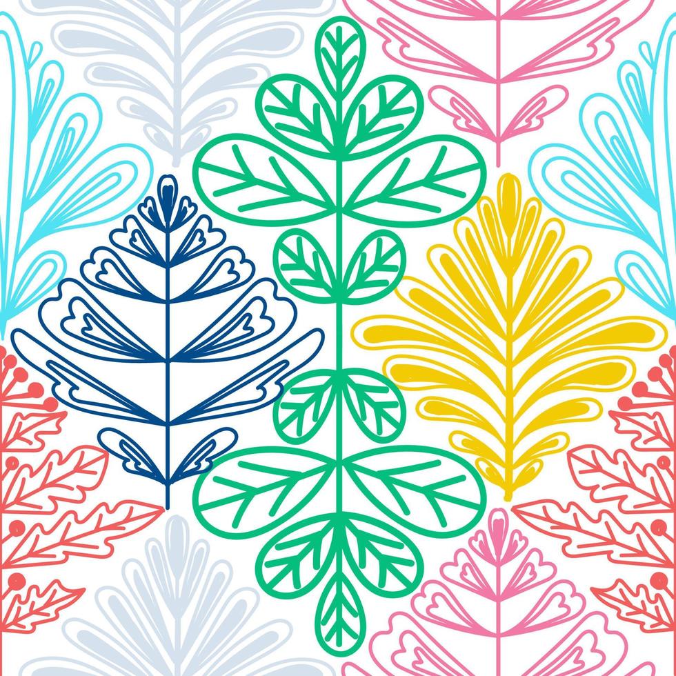 A seamless pattern of plant elements, a hand-drawn doodle. Fantasy leaves of different plants. Geometry. Vector illustration