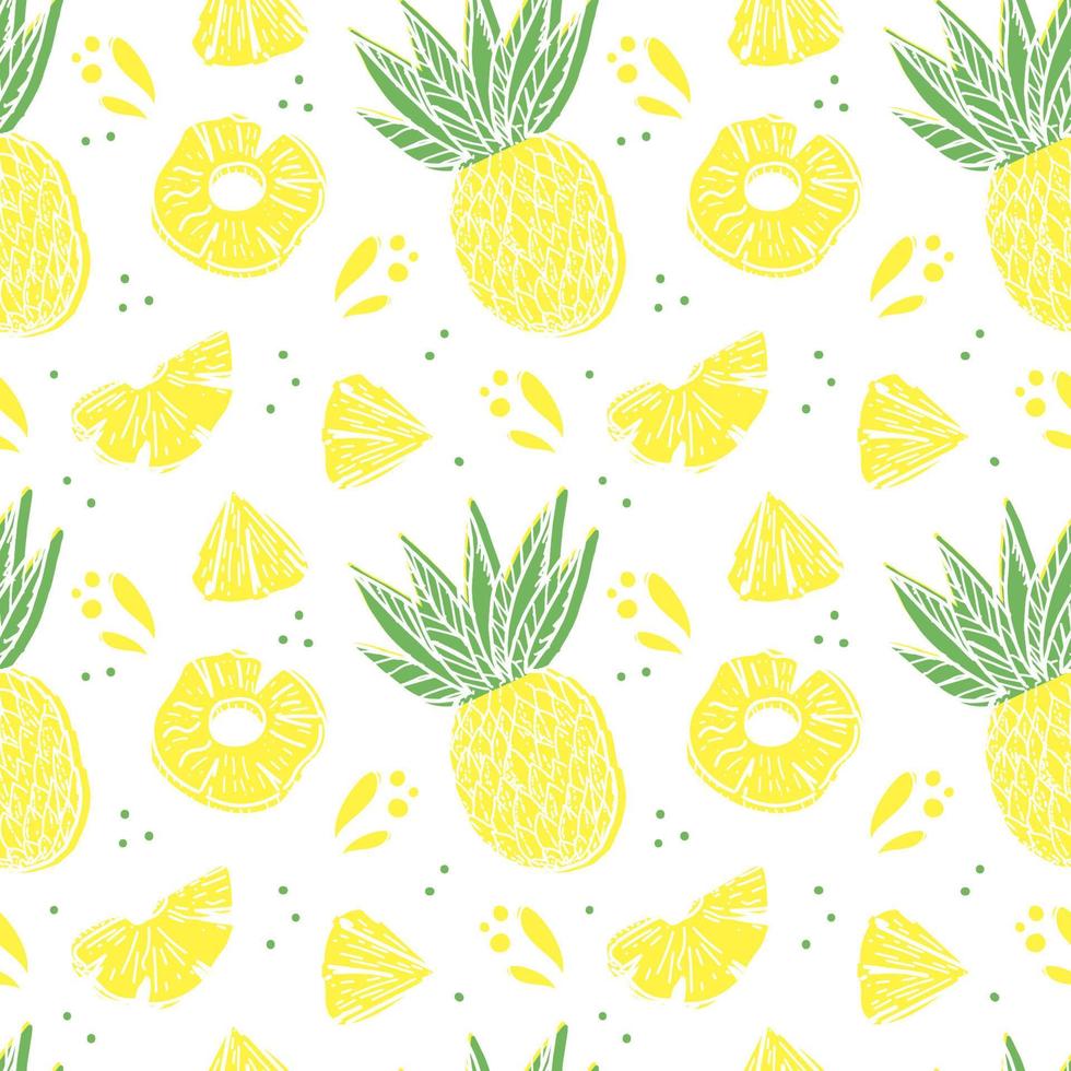 Seamless pineapple pattern, drawn doodle elements in sketch style. Whole pineapple, parts, leaves, slices, core, juice drops. Vector illustration, isolated on white background.