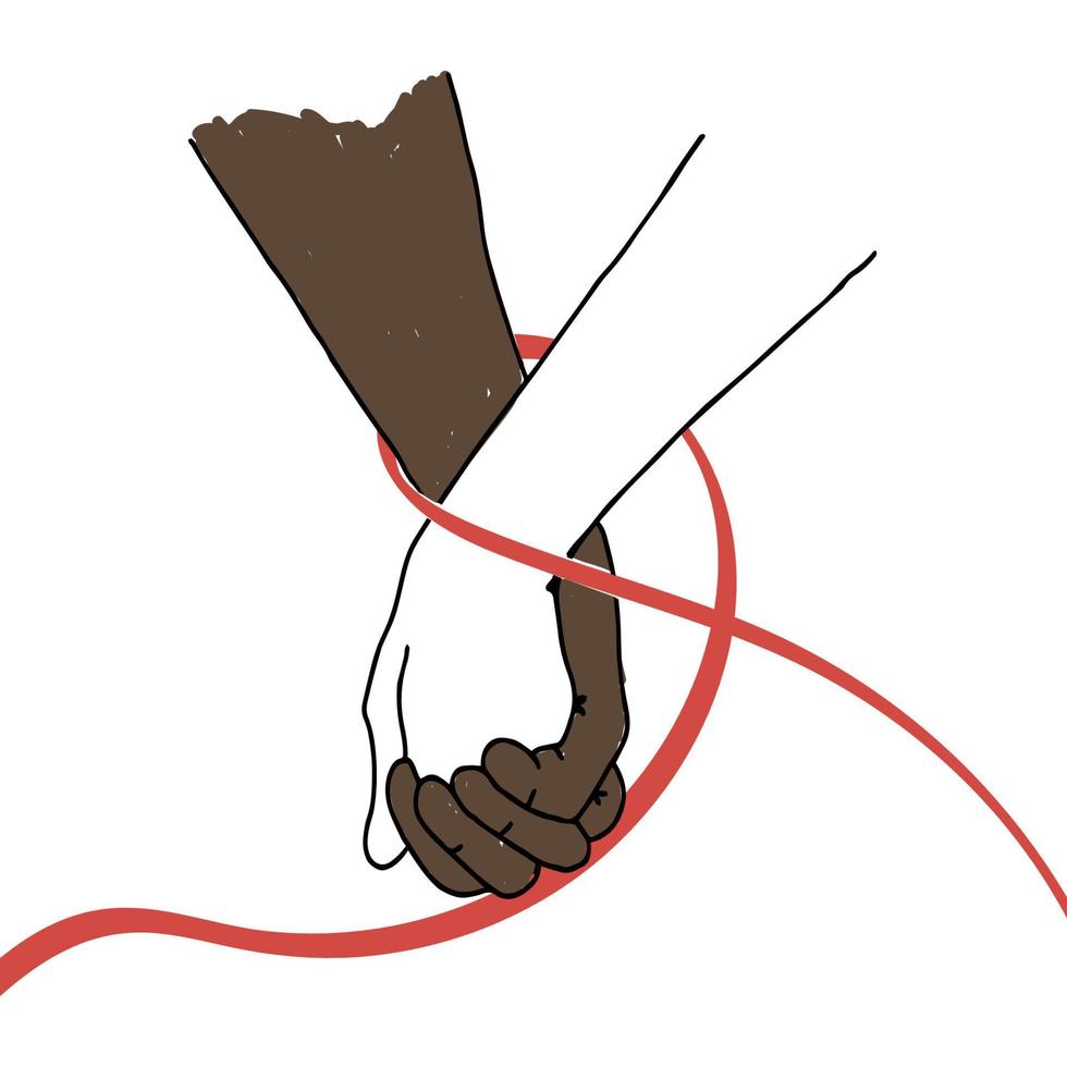 mantenga sus manos juntas. dia del sida 1 de diciembre. vector. estilo plano manos de socios de diferentes razas juntos. cinta roja alrededor de la muñeca. adecuado para literatura especializada e informativa, carteles. vector