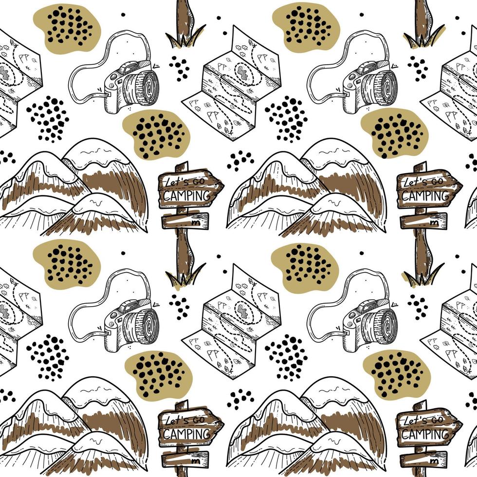A seamless pattern of hand-drawn doodle-style elements. Illustration for local tourism. Mountains, terrain map and signpost. Vector image of items for camping or hiking on white background
