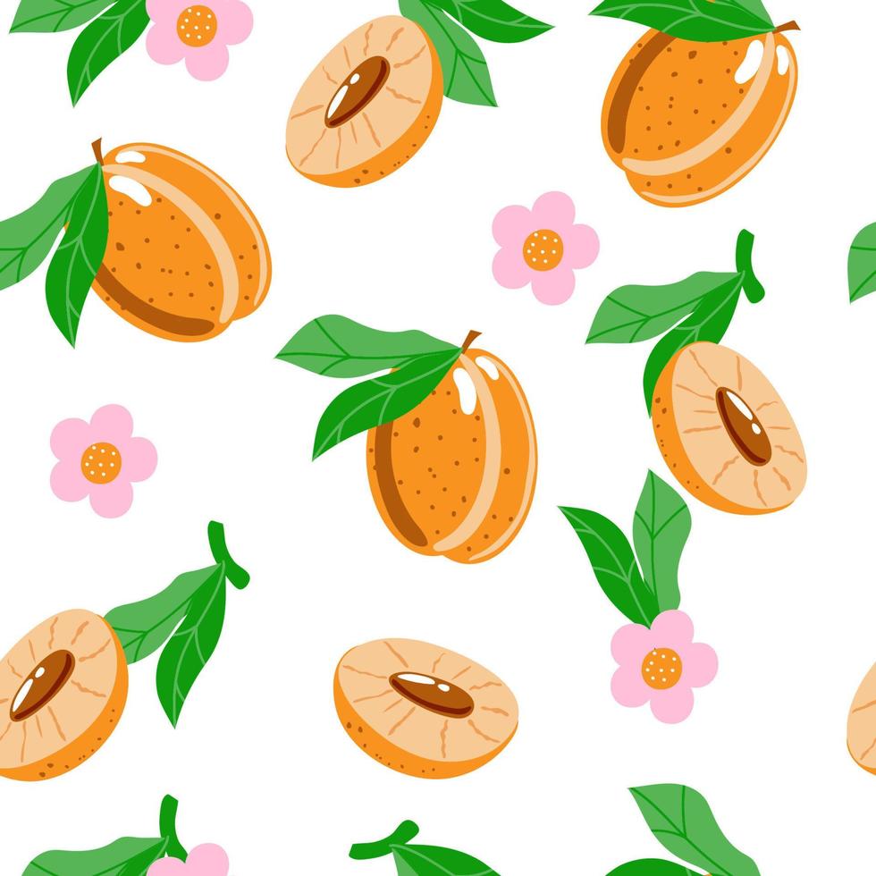 Seamless pattern of peaches, summer vector illustration in cartoon style. Whole peaches, half peaches, flowers and leaves. Bright summer pattern.