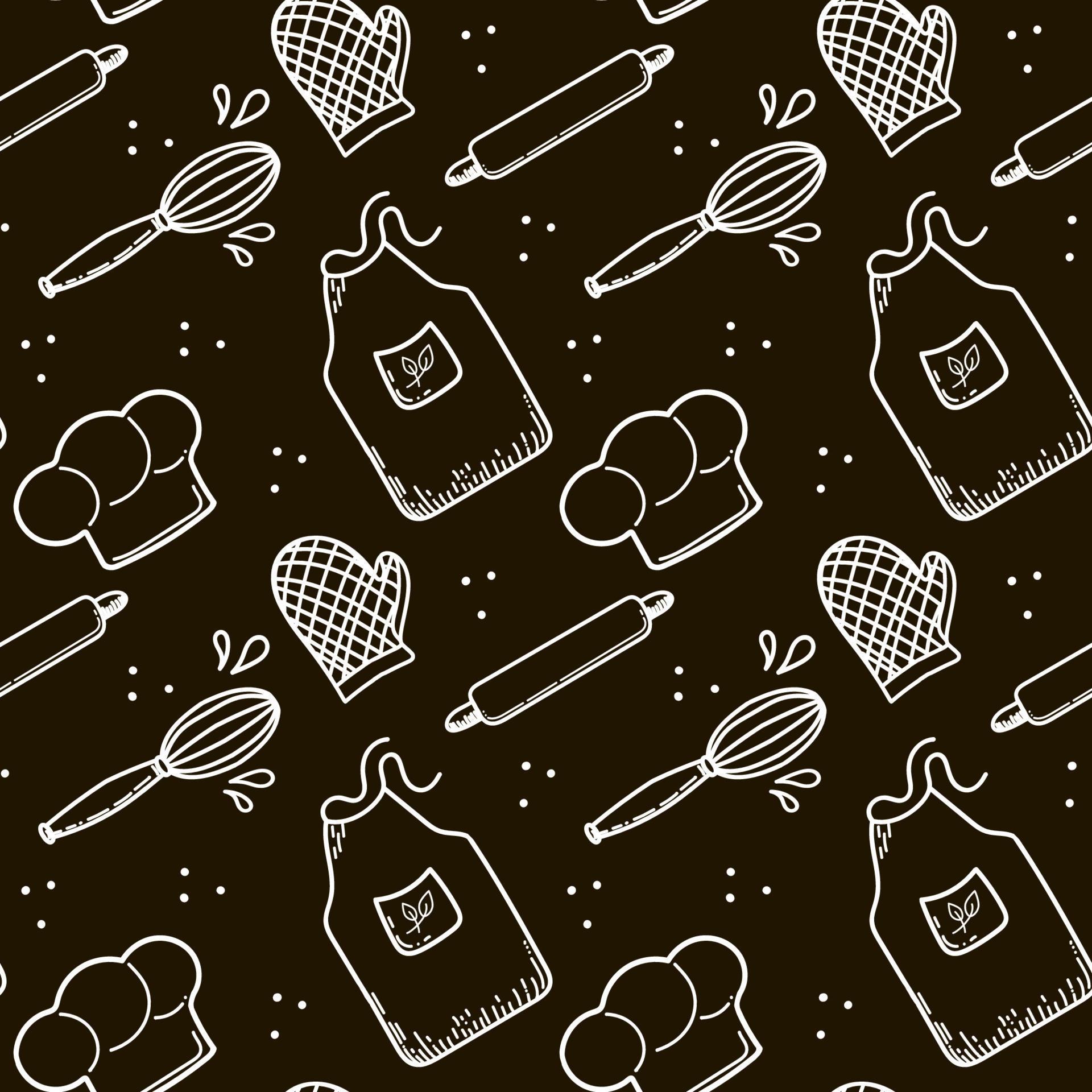 Seamless pattern of kitchen utensils. Handdrawn vector. Cook's cap