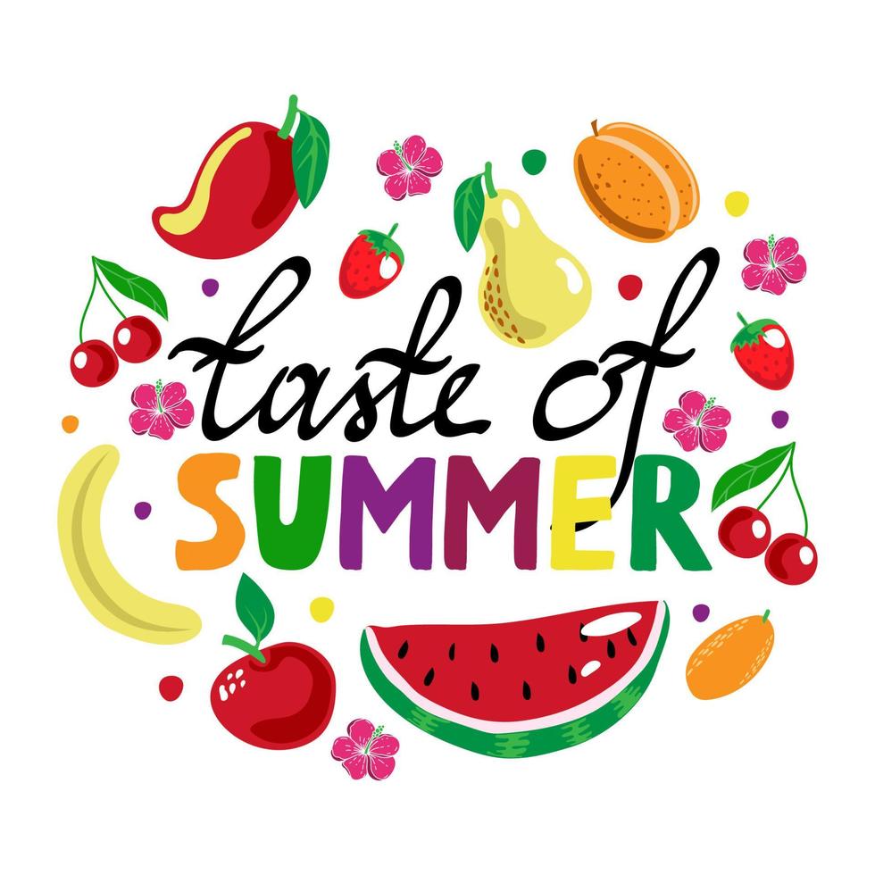 Summer template, exotic fruits and leaves banner, summer vector illustration in cartoon style. Watermelon, mango, banana, apple, strawberry and cherry. Bright summer background