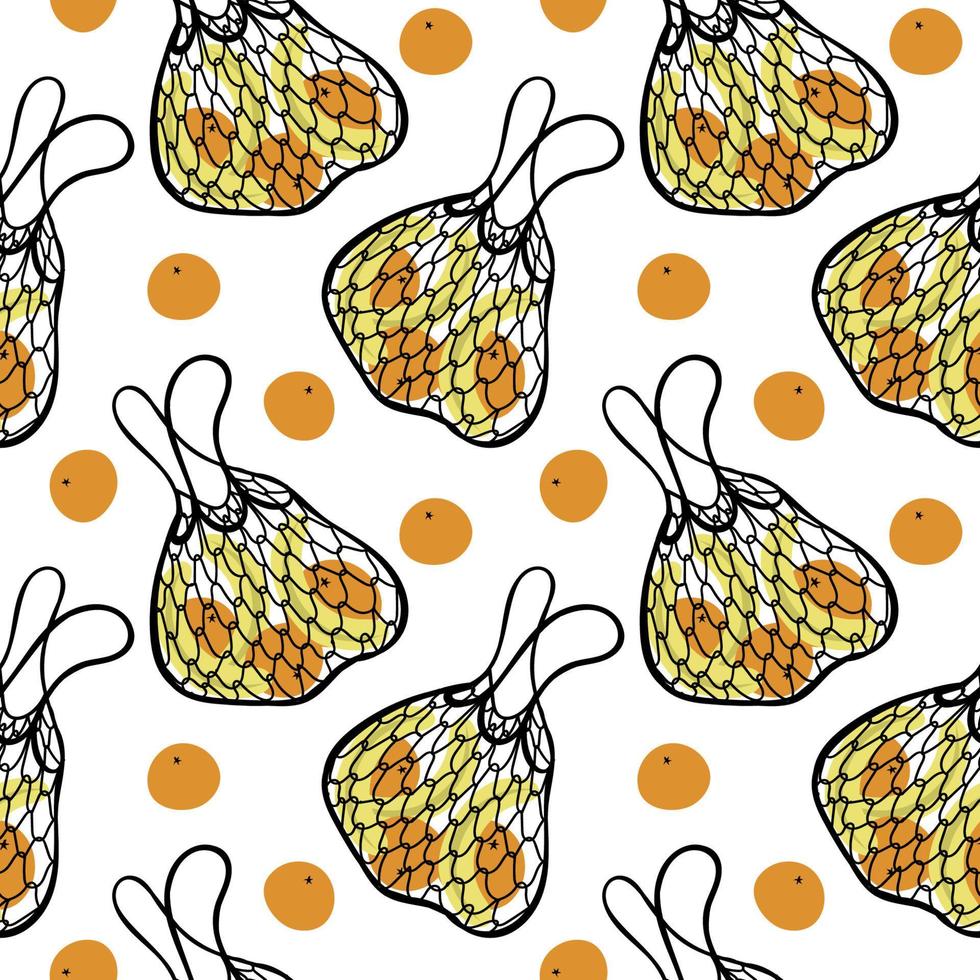 patrón sin costuras de bolsas de malla con naranjas y plátanos. elementos de estilo de dibujo. bolsas ecológicas. bolsas de malla ecología. frutos brillantes. adecuado para textiles, embalaje vector