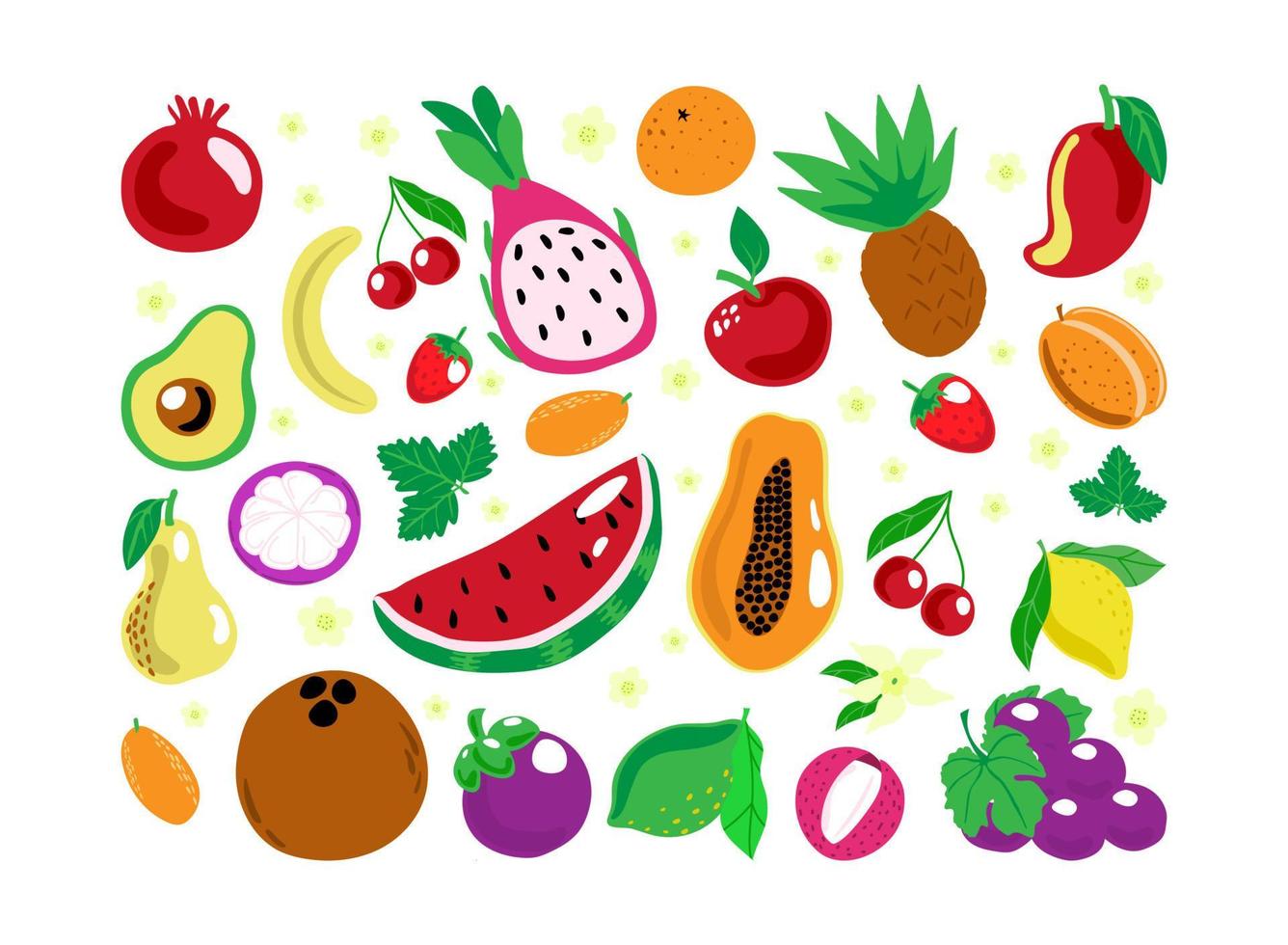 conjunto de bayas y frutas, ilustración vectorial de verano en estilo de dibujos animados. pitaia, granada, fresa, uva, piña, mangostán. limón, melocotón, manzana, naranja sandía aguacate. vector