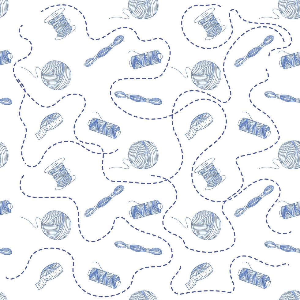 Seamless pattern of elements on white background. Thread, bobbin and ball of thread. Handmade. Needlework tools. Flat vector style