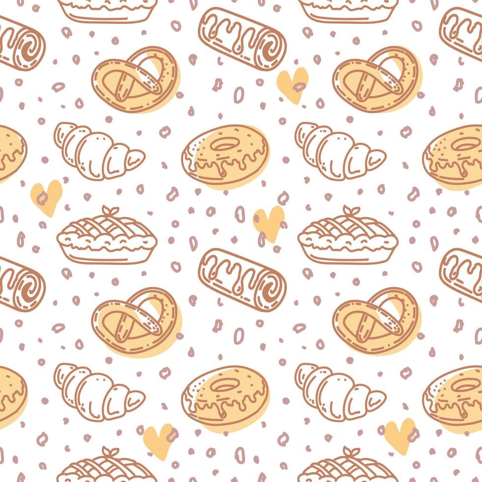 A seamless pattern of hand-drawn bakery items. Toast, pie, muffin, cupcake, donuts, sandwich, bagels, and snail buns. Doodle style vector