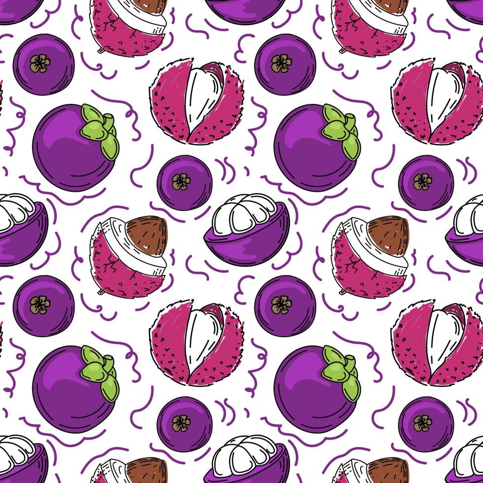 A seamless pattern of mangosteen and lychee fruit, pulp and leaves, hand-drawn with doodle elements. Exotic fruits. Thailand. Vector illustration