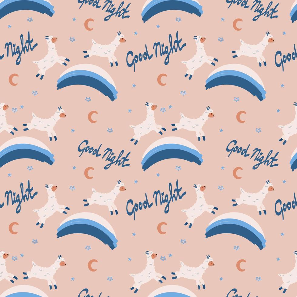 Seamless pattern with llamas, drawn element in cartoon style. Animals jumping on a rainbow against a white background. The lettering is handwritten. Stars, llamas and rainbow vector