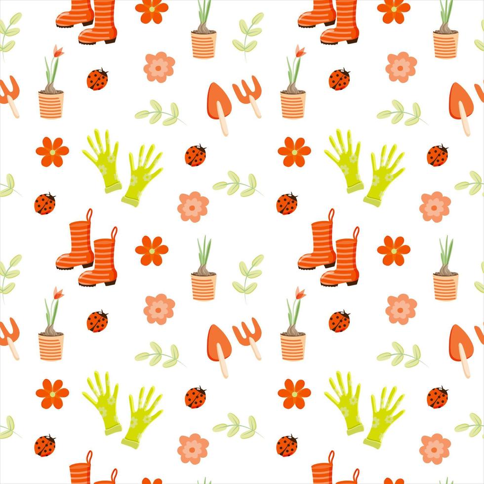 Seamless pattern of spring elements. Homework in the garden. Rubber boots, flowers, ladybugs and tools. Spring. Summer. Spring weather. Flat style vector. Suitable for textiles vector