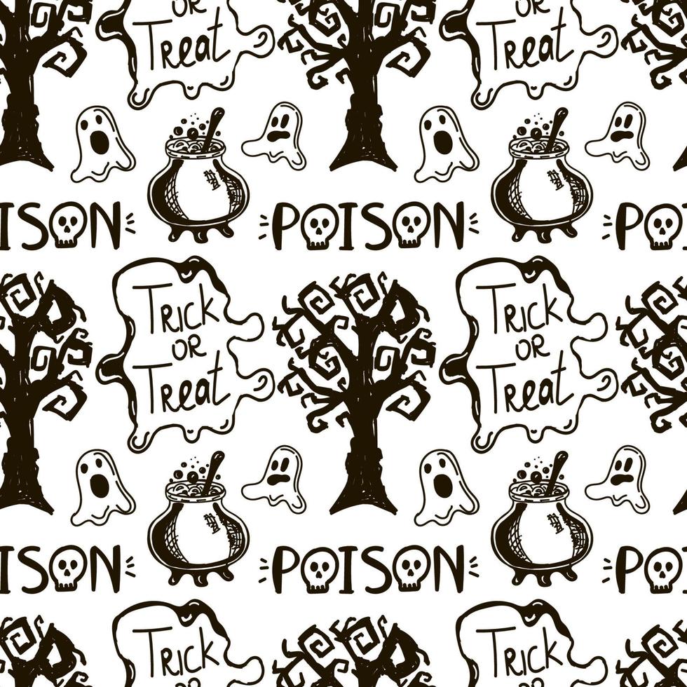A seamless pattern with Halloween elements drawn in a doodle style. Gloomy tree, ghosts, inscriptions, and a cauldron of potions. Monochrome Halloween background vector