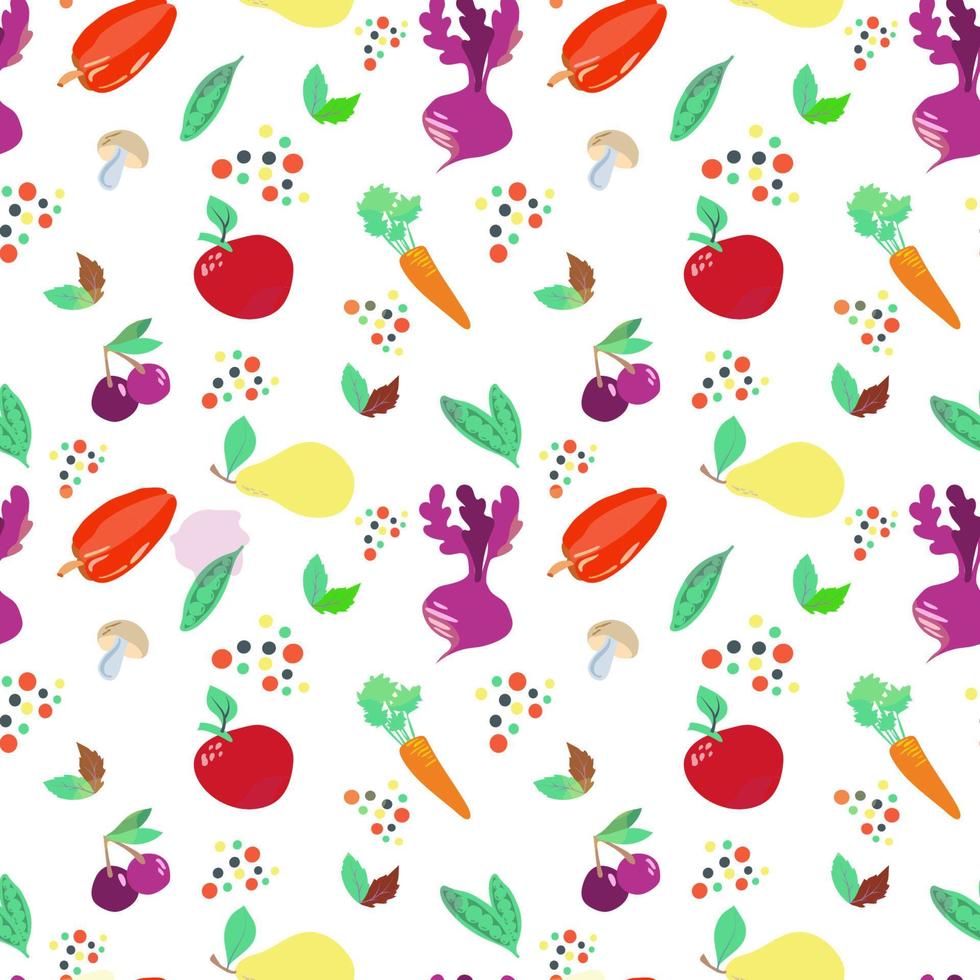 Seamless food pattern on white background. World Food Day. October 16. Vegetables and fruits, mushrooms, herbs and spices. Suitable for textiles and packaging vector