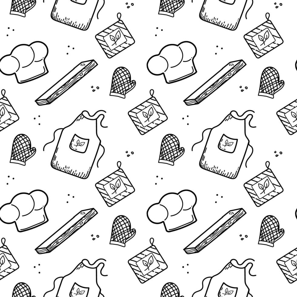 A seamless pattern of chef's hand-drawn doodle elements. Chef's tools and clothing hood, oven mitts and food cutting board. Vector illustration