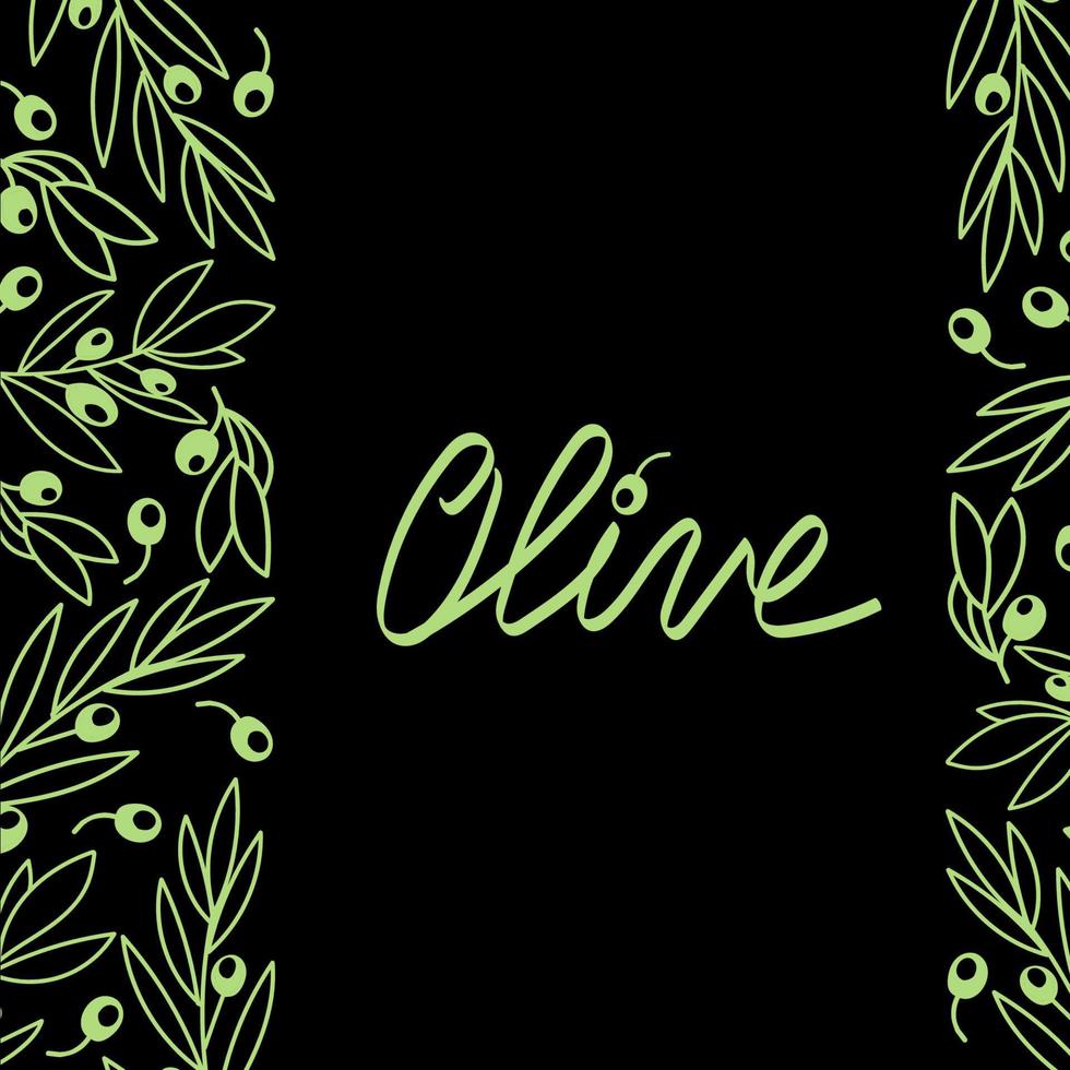 Banner with olive on black background. A great design for advertising the olive oil market, a business for grocery stores. Hand-drawn elements in a flat style. Corporate style for Mid Sea Kitchen vector