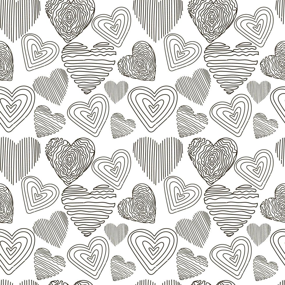 A seamless pattern of hearts, hand-drawn doodle elements on a white background. Happy Valentine's Day. Cute hearts with different textures vector