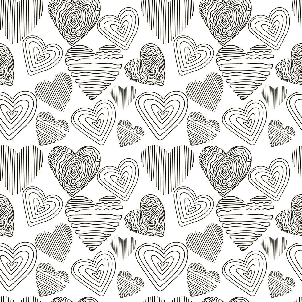 un patrón impecable de corazones, elementos de fideos dibujados a mano sobre un fondo blanco. Feliz día de San Valentín. lindos corazones con diferentes texturas vector