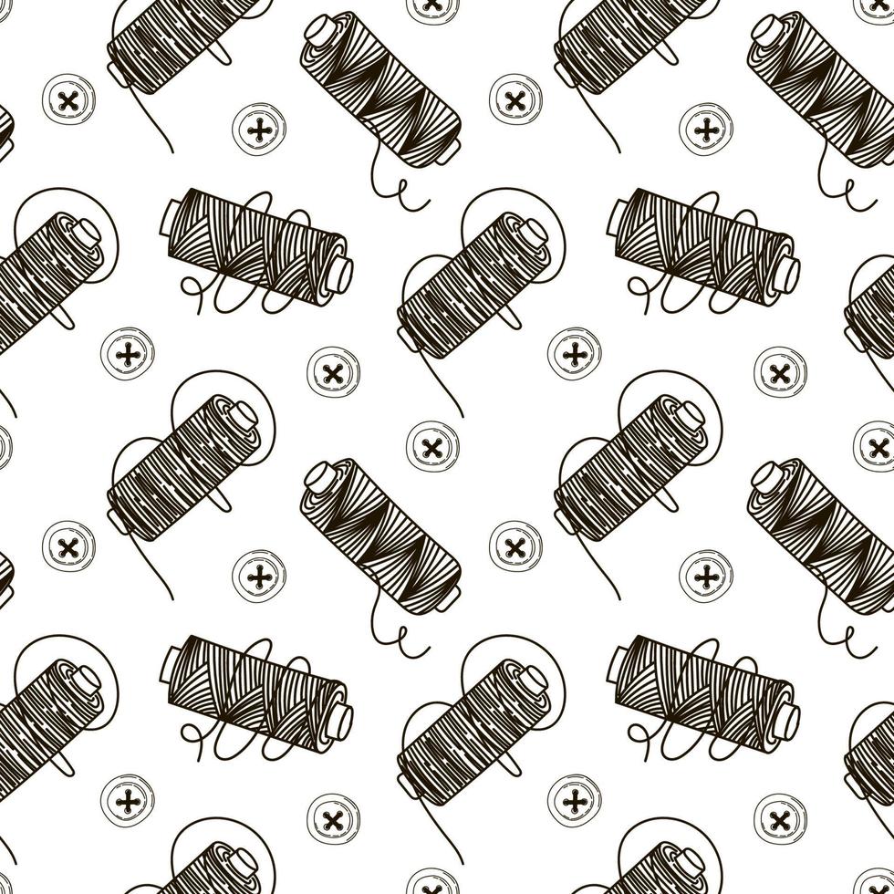 Seamless pattern of thread spools and buttons, hand-drawn doodles in sketch style. Thread. Button. Handmade. Thread. Vector simple illustration