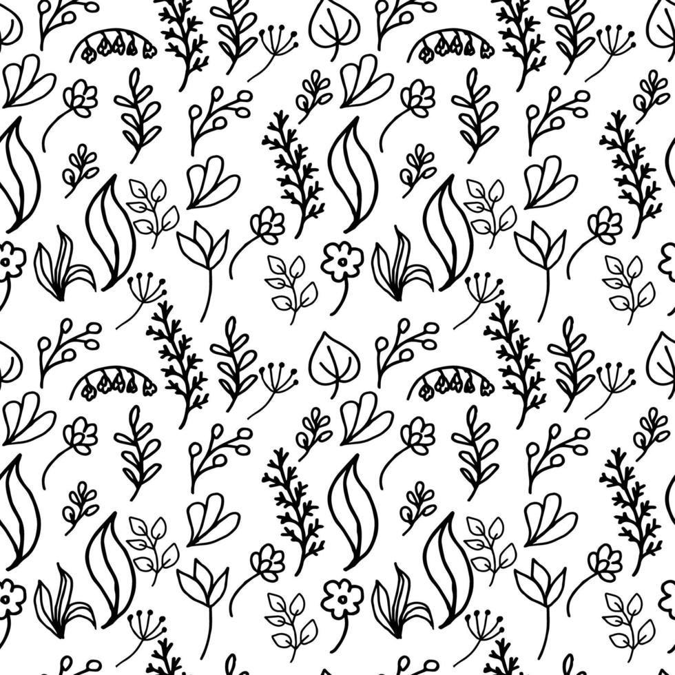 A seamless pattern of hand-drawn plant elements. Small flowers, twigs, leaves. Spring. Flowers. Suitable for textiles and packaging vector