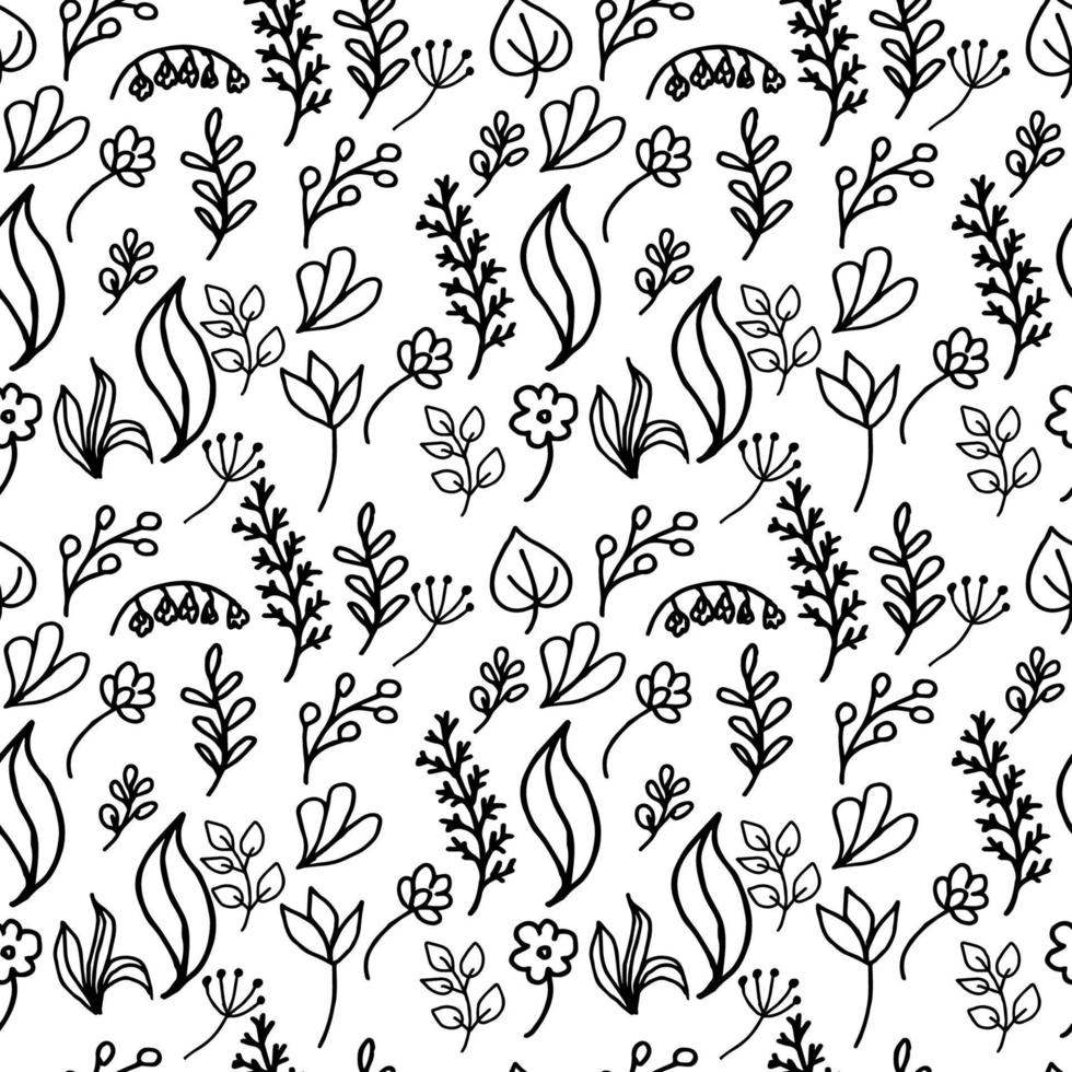 un patrón impecable de elementos vegetales dibujados a mano. flores pequeñas, ramitas, hojas. primavera. flores adecuado para textiles y embalaje vector