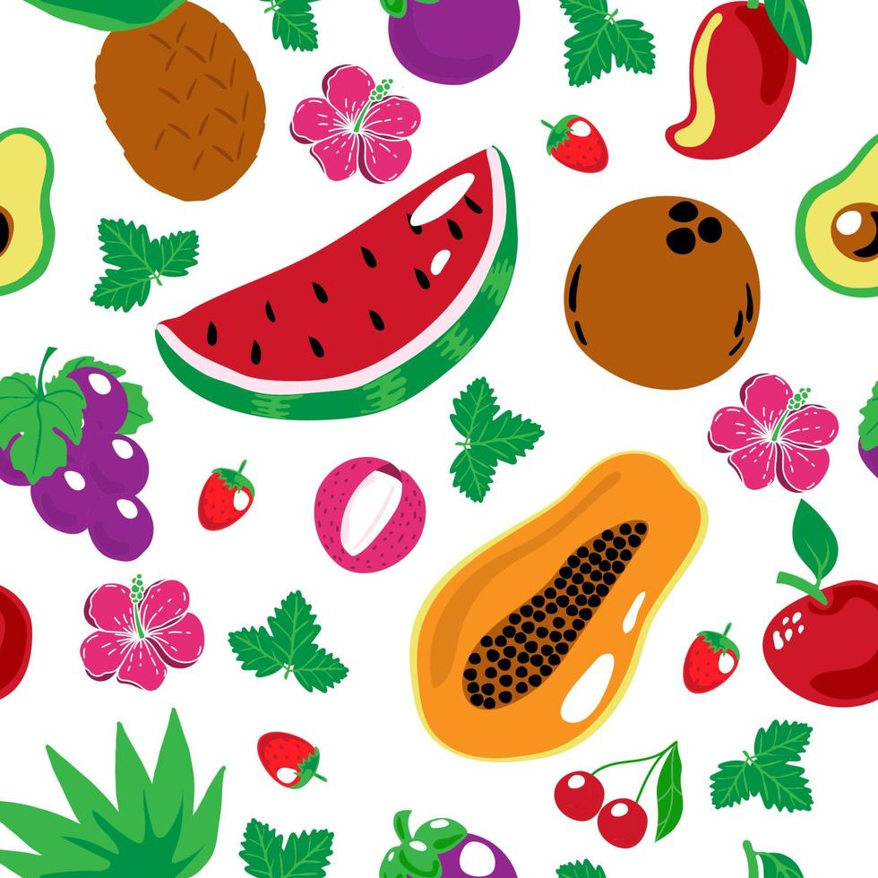 Seamless pattern of exotic fruits and hibiscus flowers, summer vector illustration in cartoon style. Pitaia, coconut, apple, avocado, lychee and watermelon. Bright summer pattern