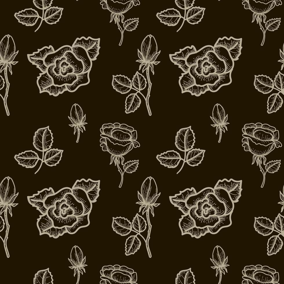 Seamless pattern, hand-drawn sketch style drawing of a rose. Rose with leaves and buds. Flowers. Black outline drawing. Symbol. Valentine's Day. Vector image of roses on a black background
