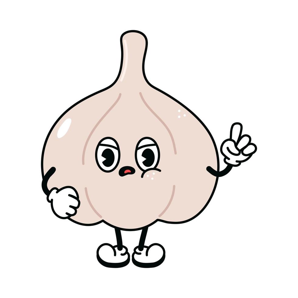 Cute angry sad garlic character. Vector hand drawn traditional cartoon vintage, retro, kawaii character illustration. Isolated on white background. Angry garlic character concept