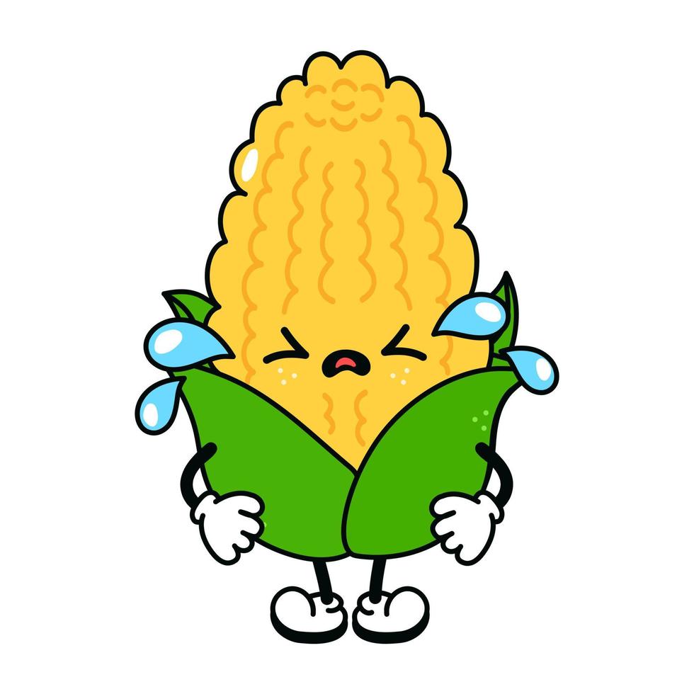 lindo gracioso llorando triste personaje de maíz. vector dibujado a mano dibujos animados tradicionales vintage, retro, icono de ilustración de carácter kawaii. fondo blanco aislado. personaje de maíz llorando