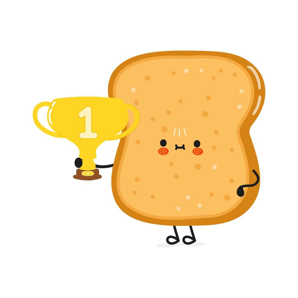 Cute funny sliced toast bread hold gold trophy cup. Vector hand drawn cartoon kawaii character illustration icon. Isolated on white background. Sliced toast bread with winner trophy cup