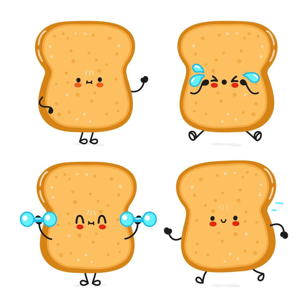 Funny cute happy sliced toast bread characters bundle set. Vector hand drawn doodle style cartoon character illustration icon design. Cute sliced toast bread mascot character collection