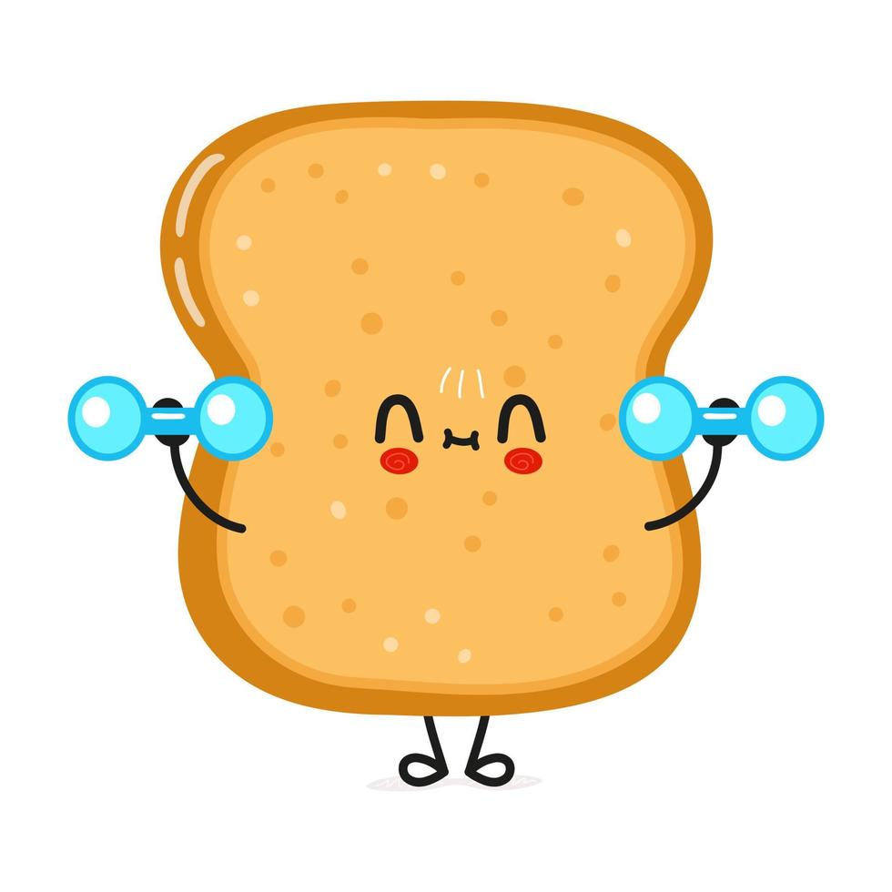 Cute funny sliced toast bread character with dumbbells. Vector hand drawn cartoon kawaii character illustration icon. Isolated on white background. Sliced toast bread character gym concept