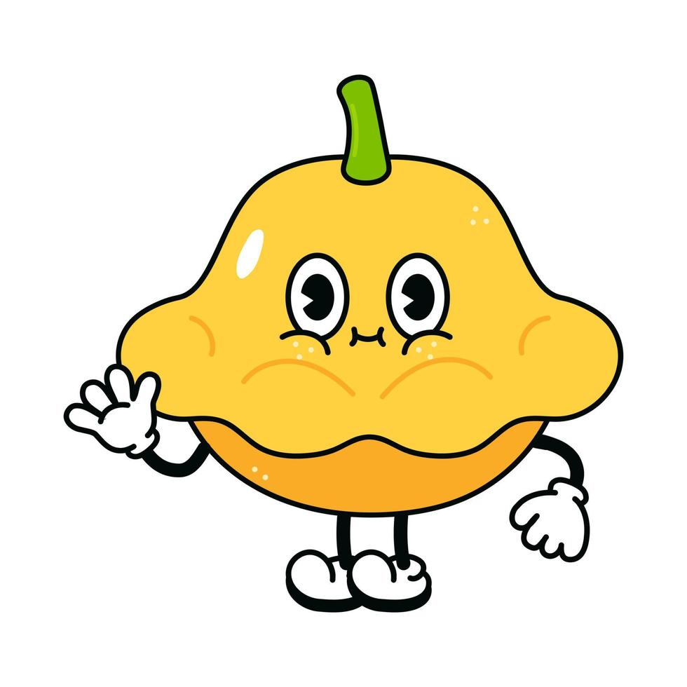 Cute funny yellow squash waving hand character. Vector hand drawn traditional cartoon vintage, retro, kawaii character illustration icon. Isolated on white background. Yellow squash character