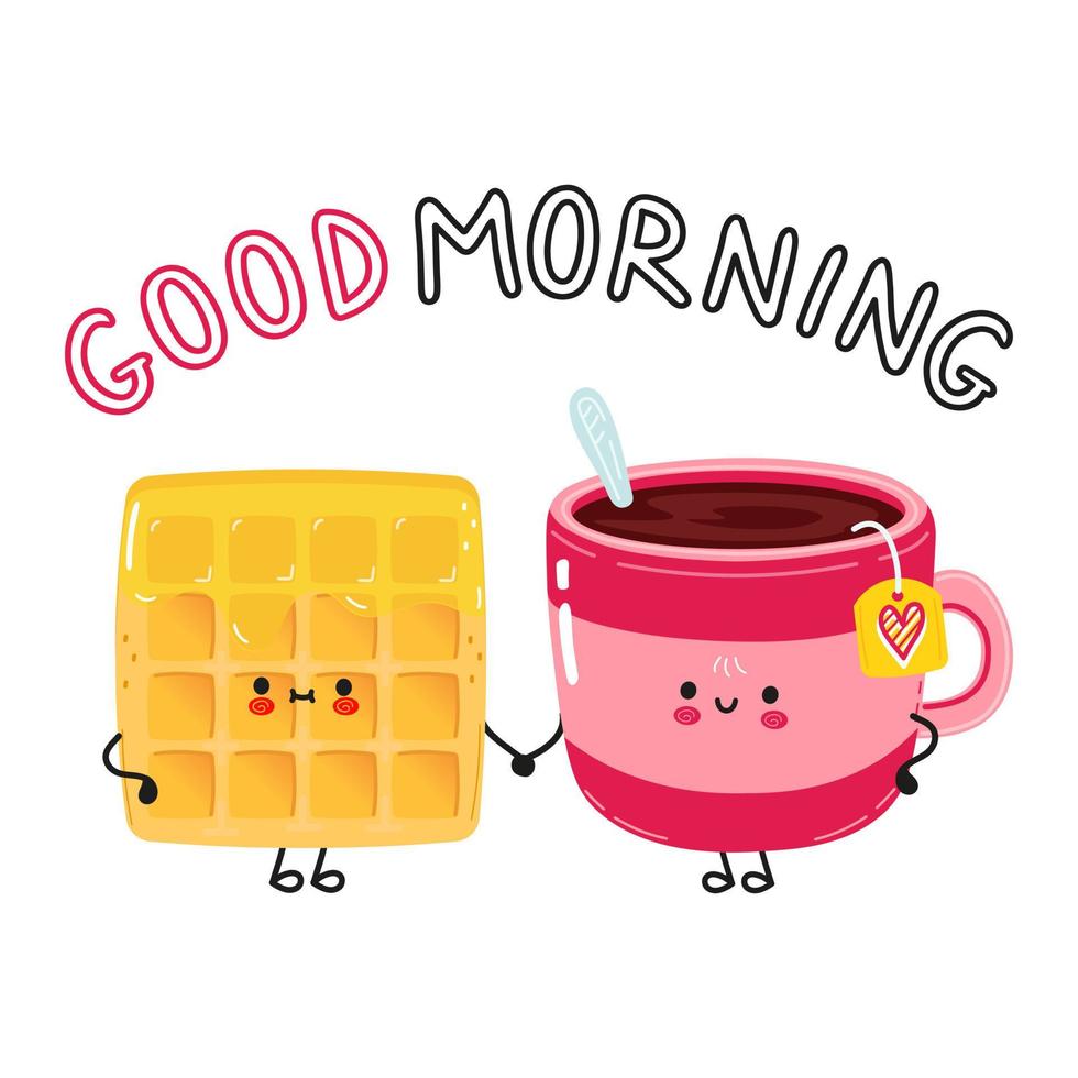 Cute happy cup of tea and waffle card. Vector hand drawn doodle style cartoon character illustration icon design. Happy cup of tea and waffle friends concept card