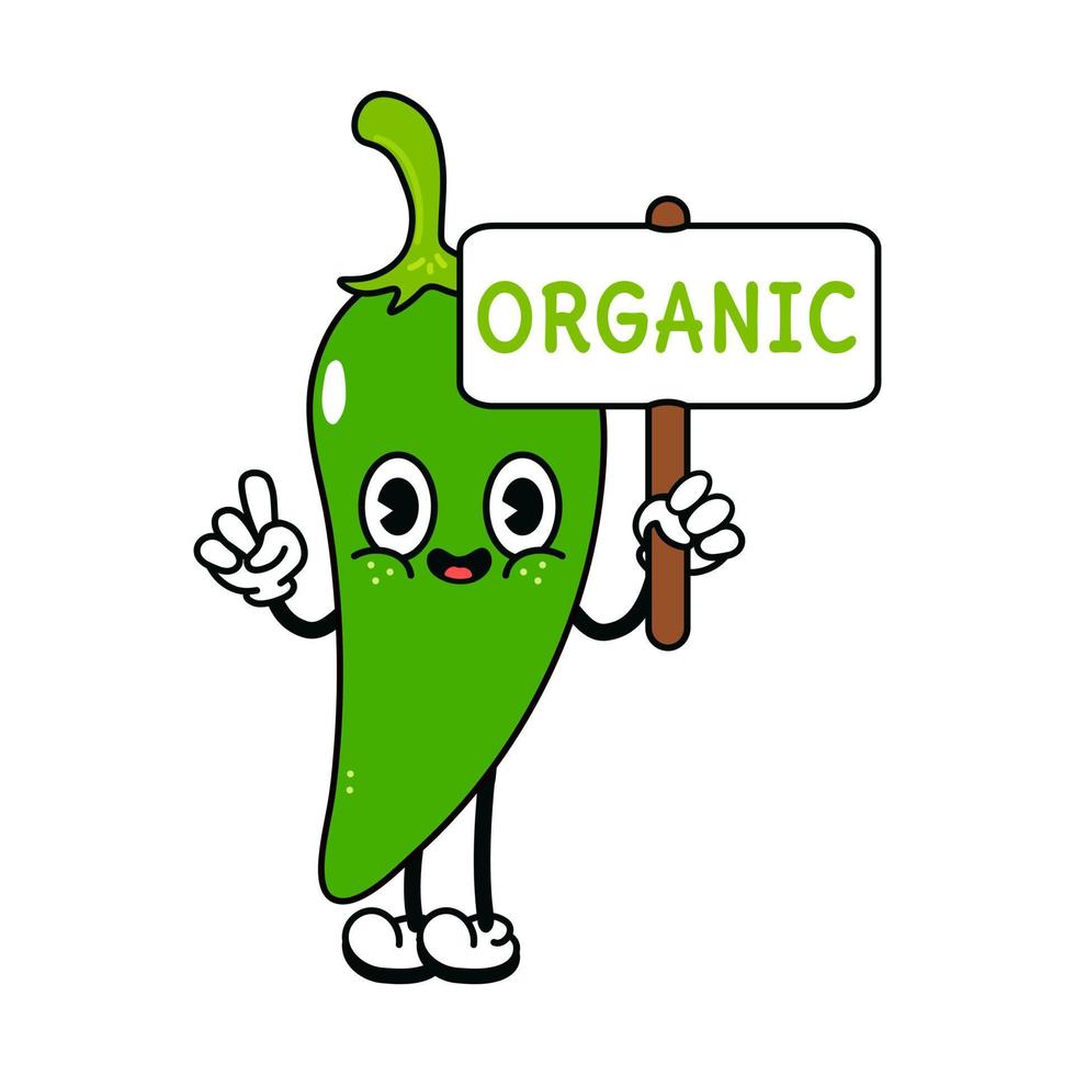 Cute funny green chili pepper with an inscription organic character. Vector hand drawn traditional cartoon vintage, retro, kawaii character. Isolated background. Chili pepper character