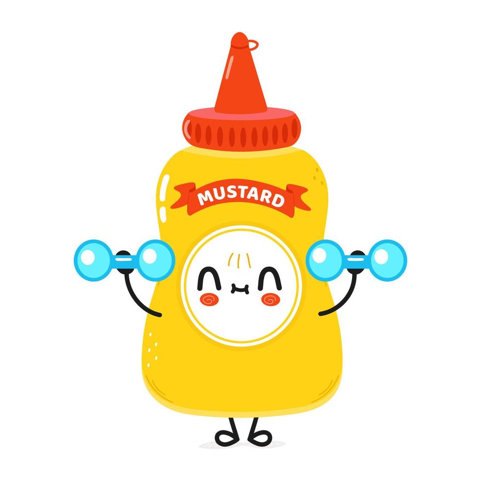 Cute funny mustard character with dumbbells. Vector hand drawn cartoon kawaii character illustration icon. Isolated on white background. mustard in bottle character gym concept