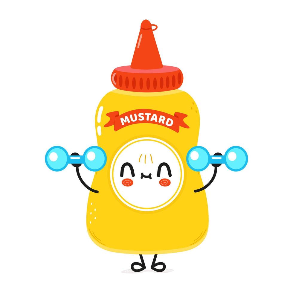 lindo personaje de mostaza divertido con pesas. icono de ilustración de personaje kawaii de dibujos animados dibujados a mano vectorial. aislado sobre fondo blanco. concepto de gimnasio de carácter de botella de mostaza vector