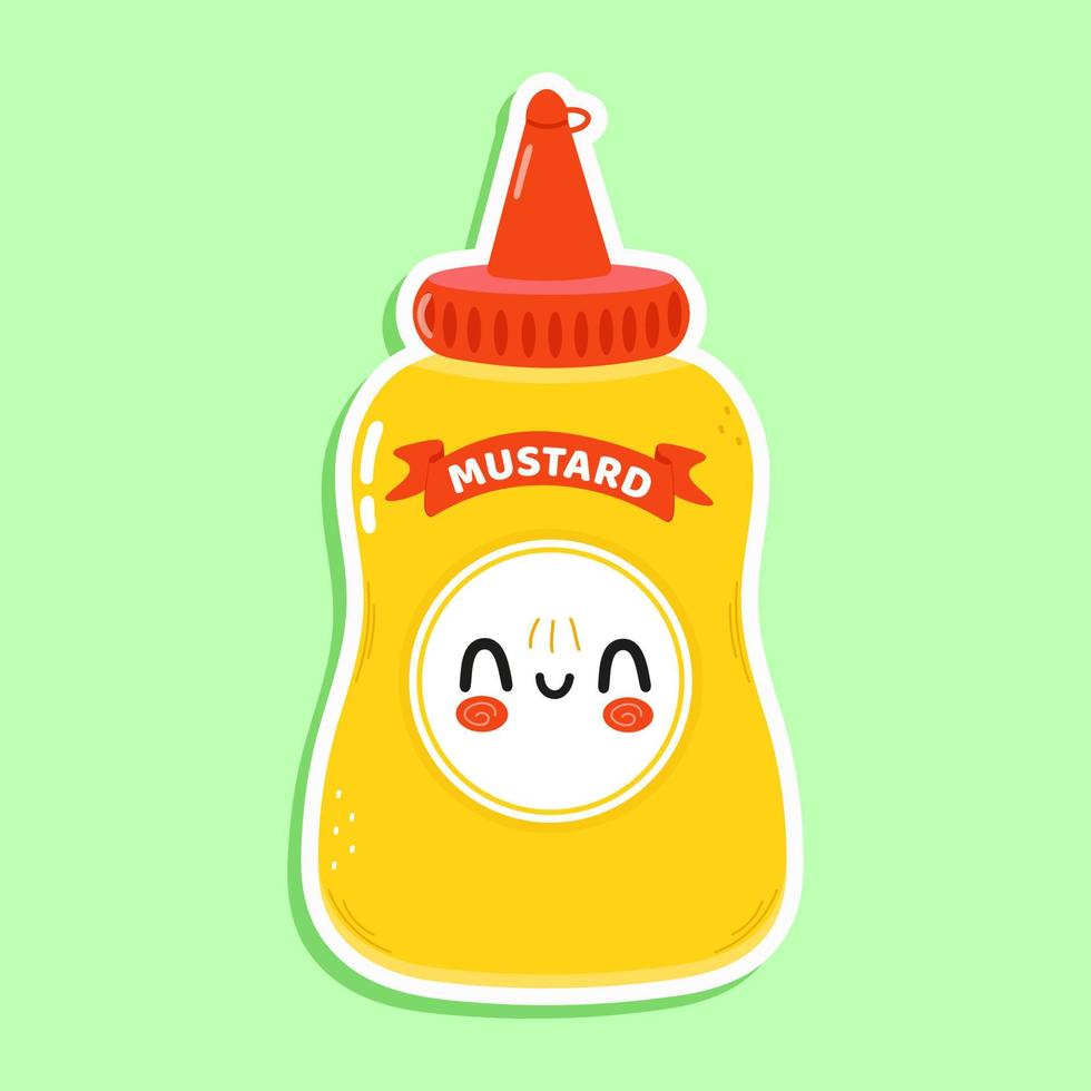 Cute funny mustard sticker character. Vector hand drawn cartoon kawaii character illustration icon. Isolated on white background. Mustard in bottle sticker character concept