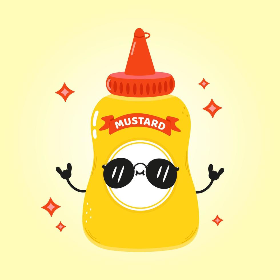 Cute funny mustard card. Vector hand drawn cartoon kawaii character illustration icon. Isolated on yellow background. Mustard in bottle character concept