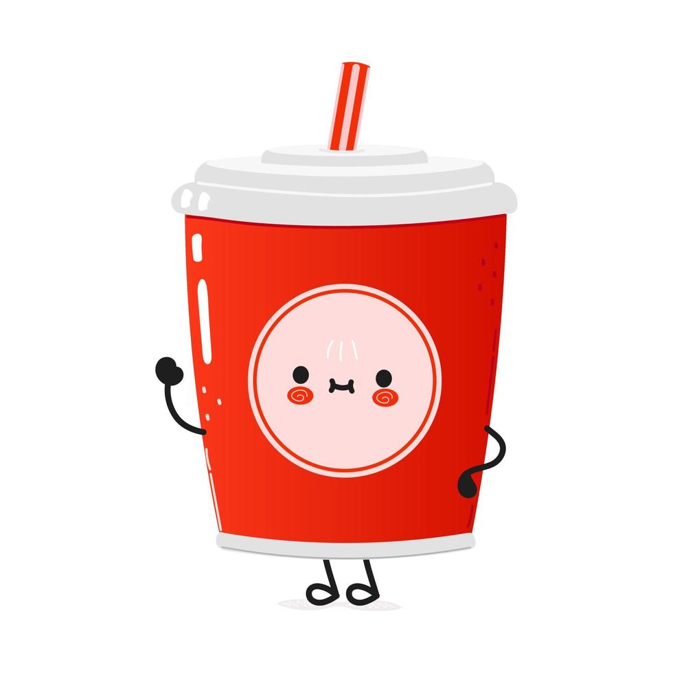Cute funny red plastic cup cold drink cola and straw character. Vector hand drawn cartoon kawaii character illustration icon. Isolated on white background. Red plastic cup cold drink cola concept