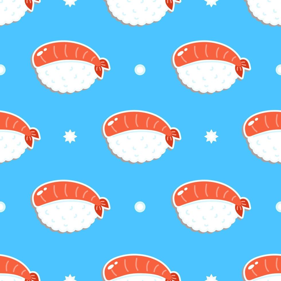 lindo concepto de sushi divertido patrón azul sin costuras. icono de ilustración de personaje kawaii de dibujos animados dibujados a mano vectorial. lindo, kawaii, sushi, caricatura, seamless, patrón, concepto vector