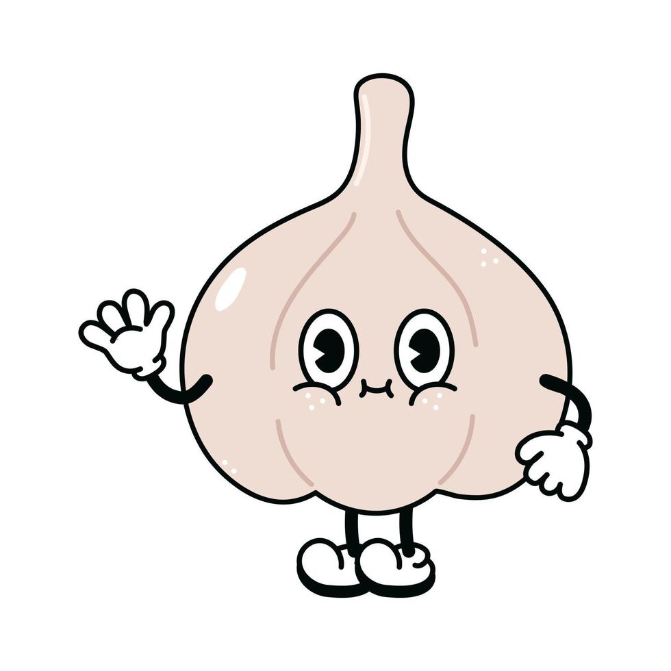 Cute funny garlic waving hand character. Vector hand drawn traditional cartoon vintage, retro, kawaii character illustration icon. Isolated on white background. Garlic character