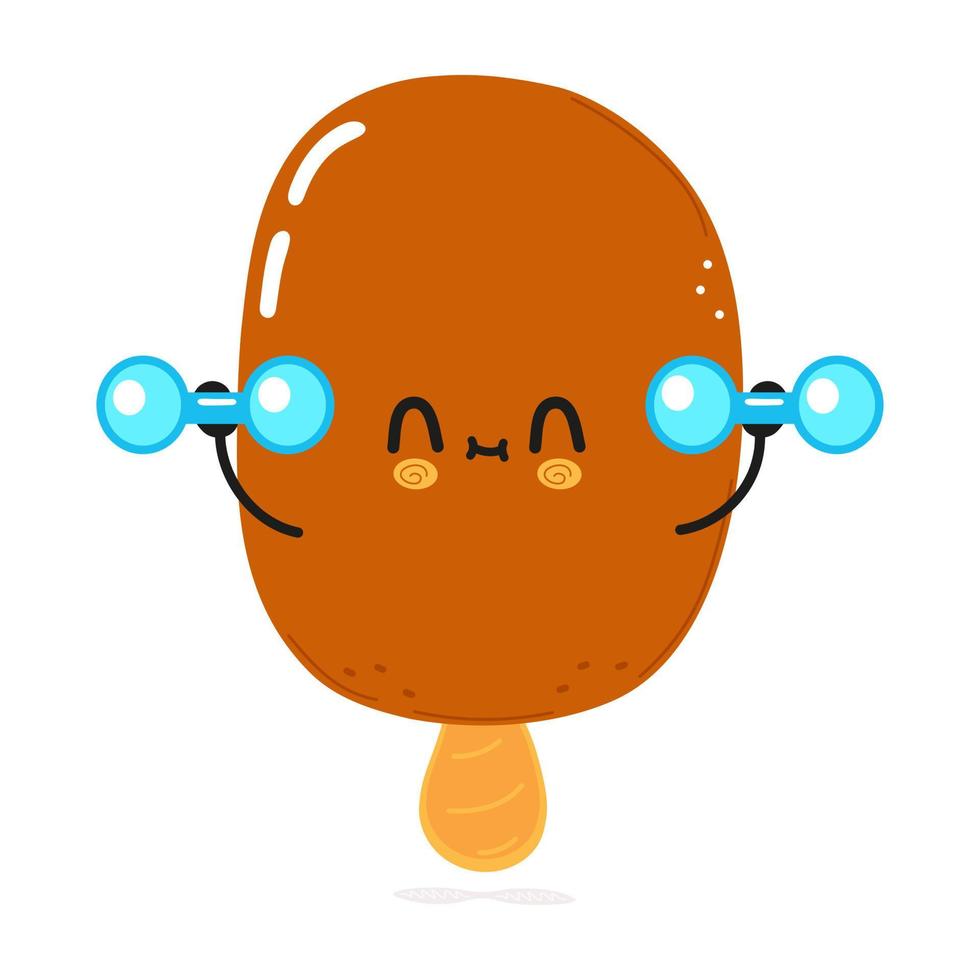 Cute funny ice cream character with dumbbells. Vector hand drawn cartoon kawaii character illustration icon. Isolated on white background. ice cream character gym concept