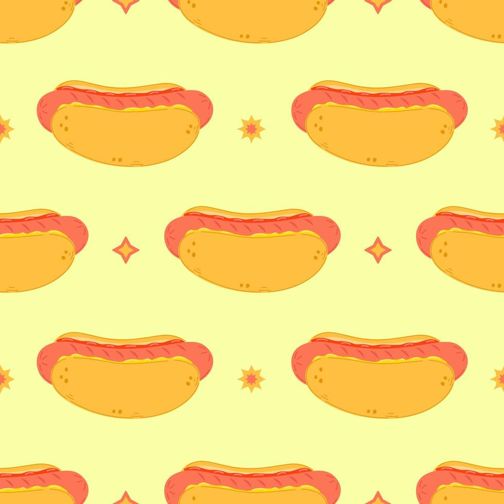 Cute funny hotdog pattern character. Vector hand drawn cartoon kawaii character illustration icon. Isolated on white background. Hot dog character concept